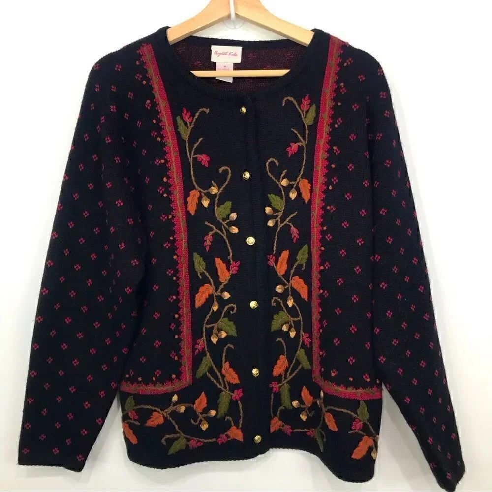 Crystal-Kobe Black Orange Stitched Scroll Leaf Pattern Knit Button Up Cardigan